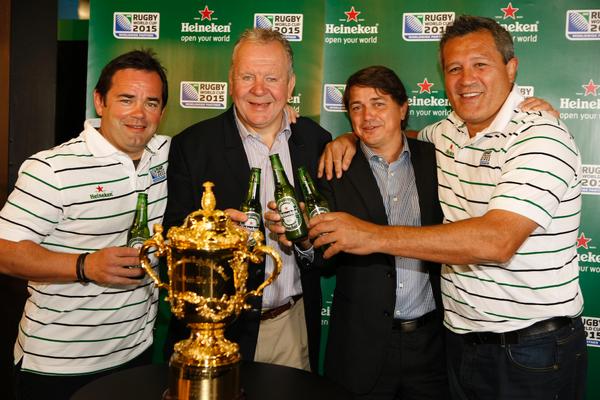 Heineken announces its RWC2015 sponsorship agreement. From L-R: Will Carling, Bill Beaumont (IRB), Hans Erik Tuijt (Heineken) and Zinzan Brooke.